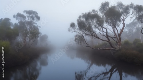 Misty morning on a still river, trees reflected in the water.