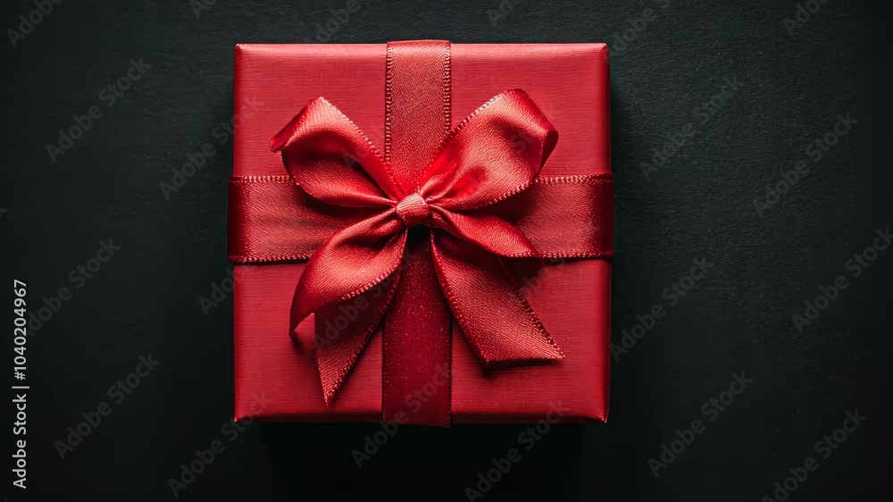 A red gift box with a satin bow sits on a black surface A red gift box with a satin bow sits on a black surface