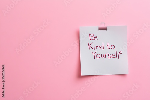 A pastel pink sticky note bearing the message 'Be Kind to Yourself', promoting self-compassion and emotional well-being in a soft and inviting design. photo