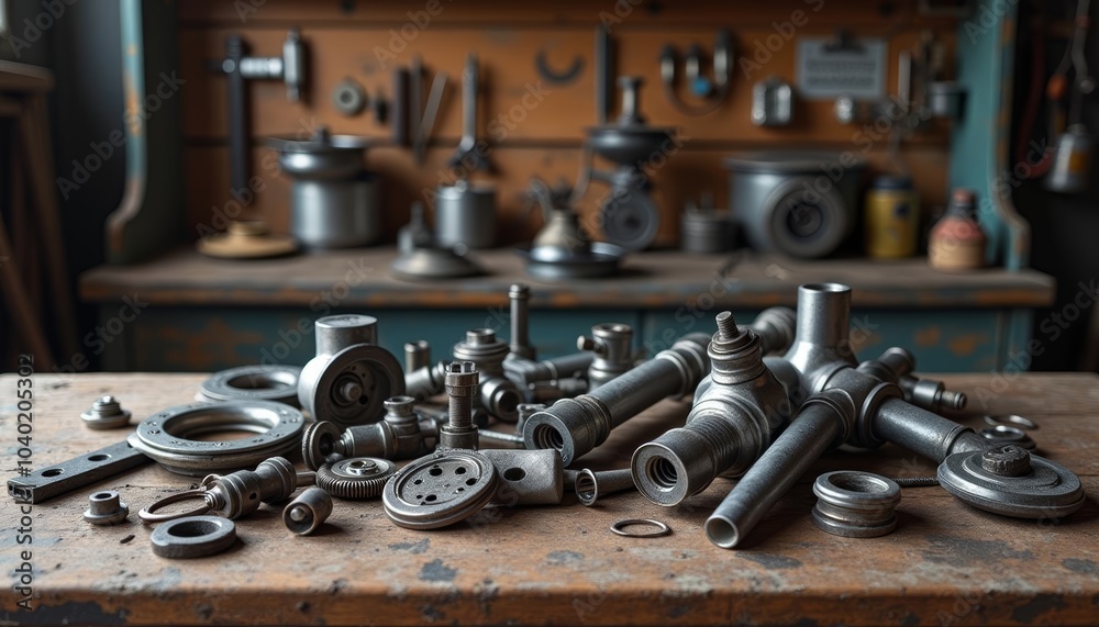 A collection of metallic parts on a workbench A collection of metallic parts on a workbench