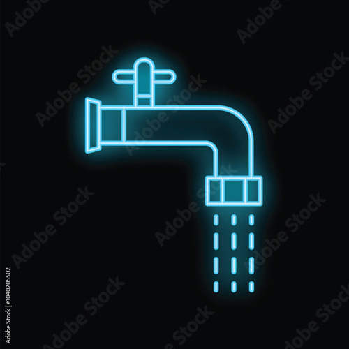 Blue neon sign of a water faucet with running water, isolated on a black background