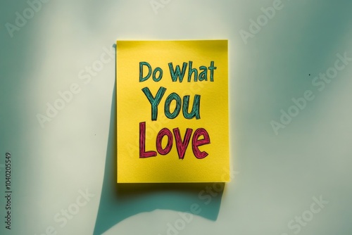 A motivating sticky note displaying the phrase ‘Do What You Love’ in colored script, urging the viewer to pursue their passions and interests with enthusiasm and commitment. photo