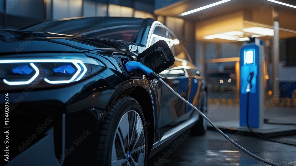 Modern electric car charging at a sleek urban station under evening lights Modern electric car charging at a sleek urban station under evening lights
