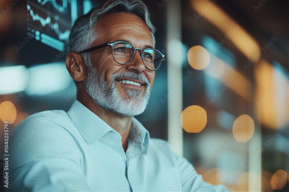 Businessman with a white beard and glasses smiling while looking into the distance Businessman with a white beard and glasses smiling while looking into the distance