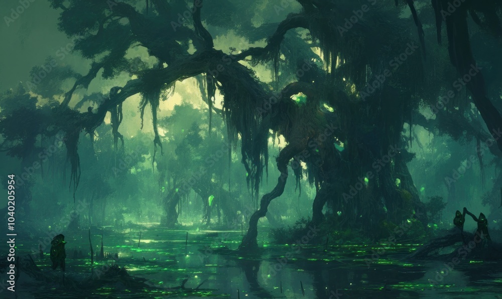 Enchanted Forest with Glowing Green Light Enchanted Forest with Glowing Green Light