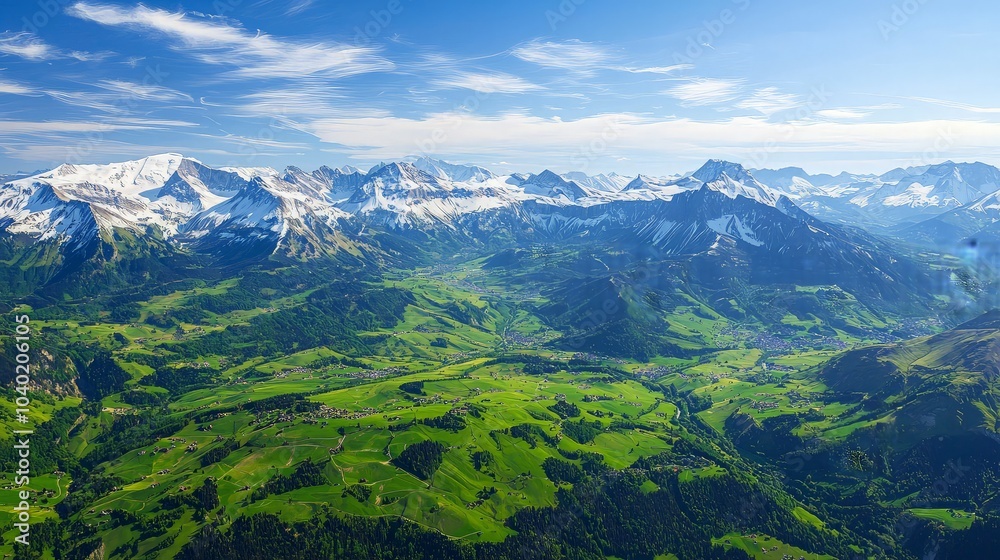 Obraz premium Panoramic view of snow-capped mountains with green valleys and meadows under a blue sky with clouds.