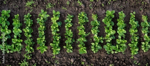 Vegetable crop seedlings arranged in neat rows on a field seen from a bird s eye view with ample space around for text or other elements in the image photo