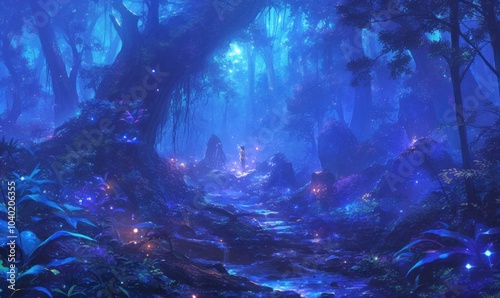 Enchanted Forest Path at Night with Magical Atmosphere