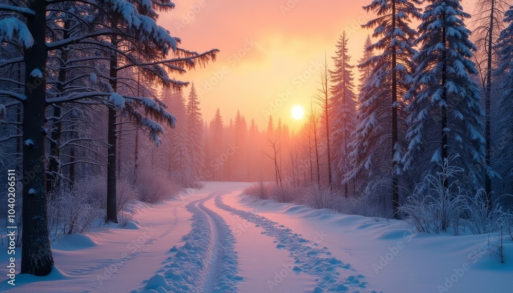 Naklejka premium Snowy path leading to a winter sunset