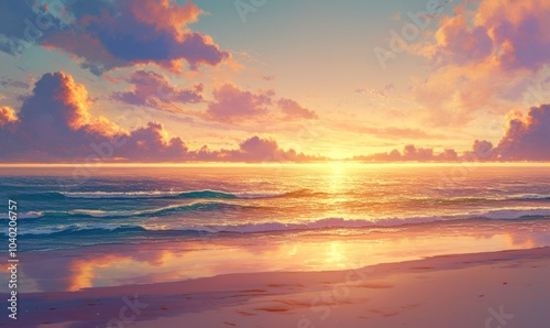 Serene Sunset over Ocean Waves at Sandy Beach