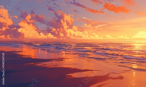 Stunning Sunset Over Tranquil Beach With Vibrant Colors