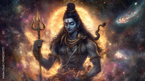 Lord Shiva an Indian God holding a trident and is surrounded by a fierce cosmic energy. AI	