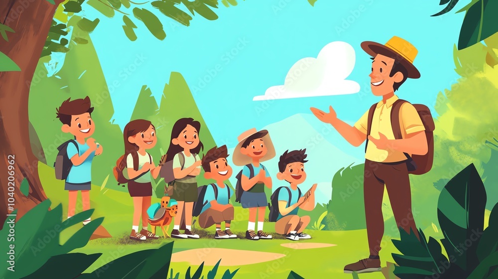 Fototapeta premium Children on a nature hike, listening to a guide in a vibrant outdoor setting.