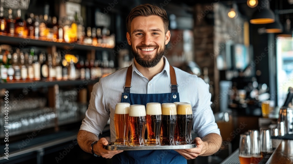 Bartender Holding a Tray of Beer Selections Bartender Holding a Tray of Beer Selections