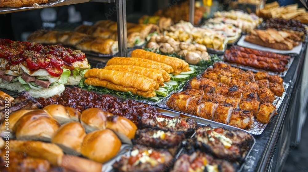 An array of vibrant street festival foods like BBQ and sandwiches, with plenty of space for text An array of vibrant street festival foods like BBQ and sandwiches, with plenty of space for text