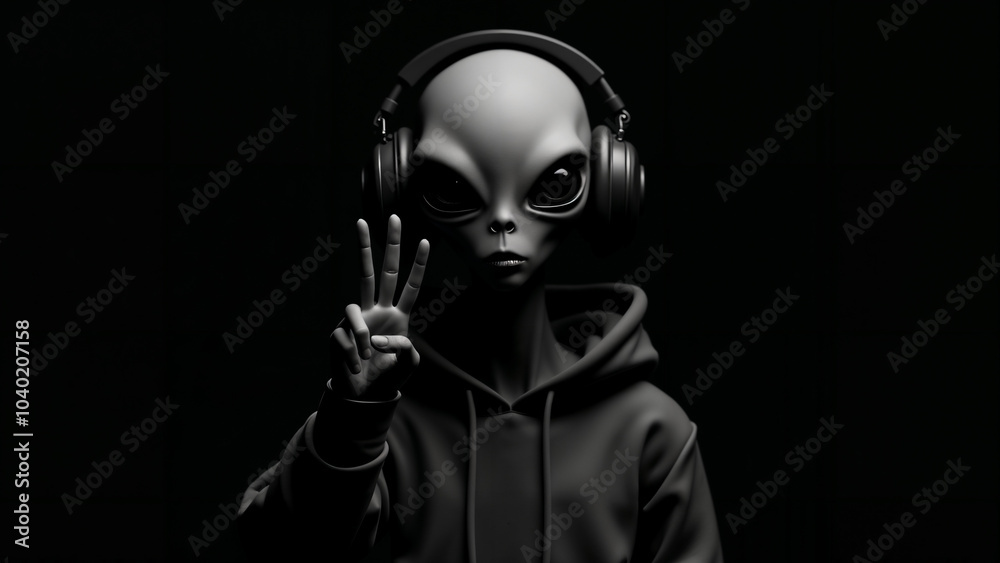 Stylized Black and White Vision of a Casual Alien with Headphones Giving Peace Sign in Modern Art Approach Stylized Black and White Vision of a Casual Alien with Headphones Giving Peace Sign in Modern Art Approach