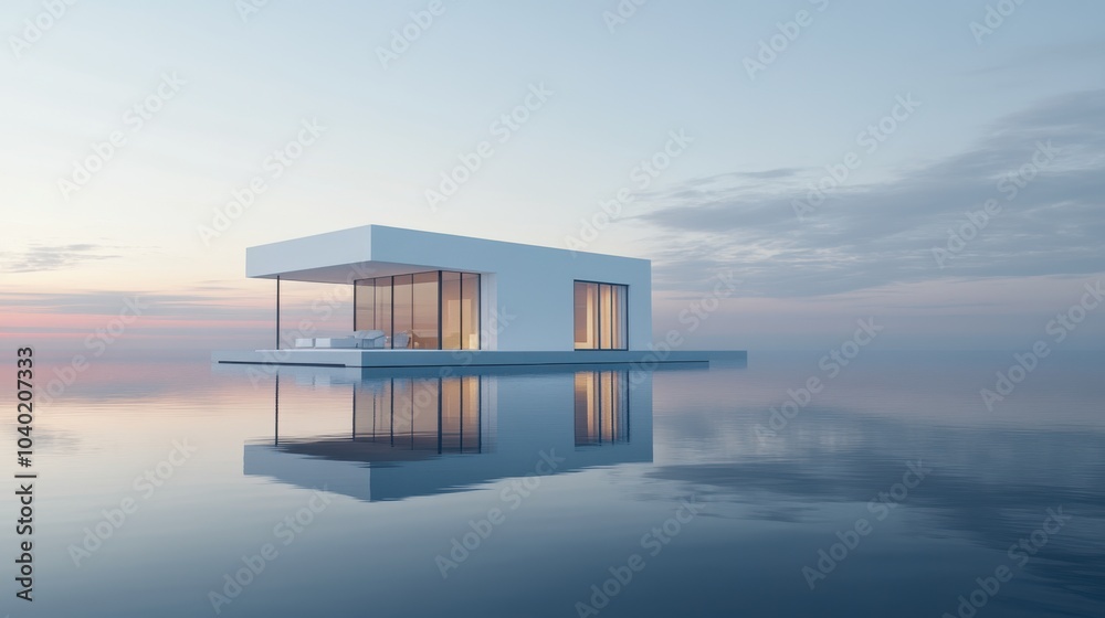 A serene modern house floats on tranquil waters during twilight, reflecting soft pastel skies A serene modern house floats on tranquil waters during twilight, reflecting soft pastel skies