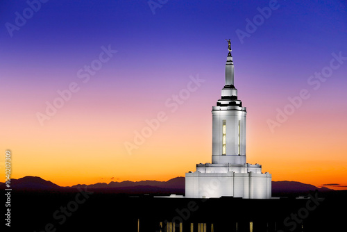 Pocatello Idaho LDS Mormon Temple with Lights at Sunset