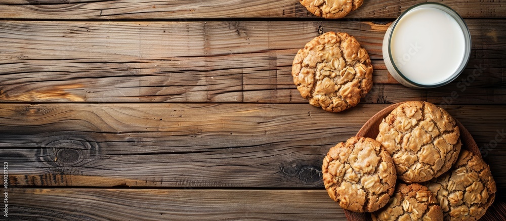 Wooden table displaying oatmeal cookies a glass of milk viewed from above with ample copy space for text or images Wooden table displaying oatmeal cookies a glass of milk viewed from above with ample copy space for text or images