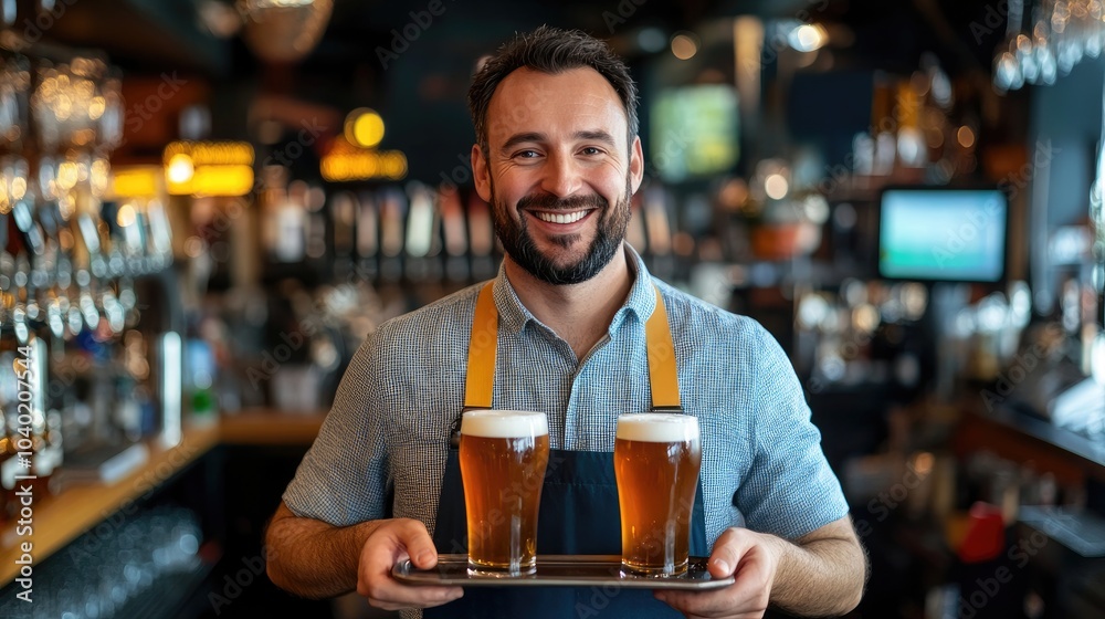 Friendly Bartender Serving Fresh Beer in Casual Pub Friendly Bartender Serving Fresh Beer in Casual Pub