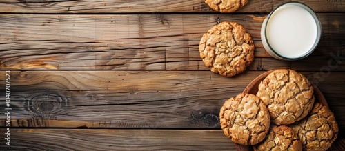 Wooden table displaying oatmeal cookies a glass of milk viewed from above with ample copy space for text or images