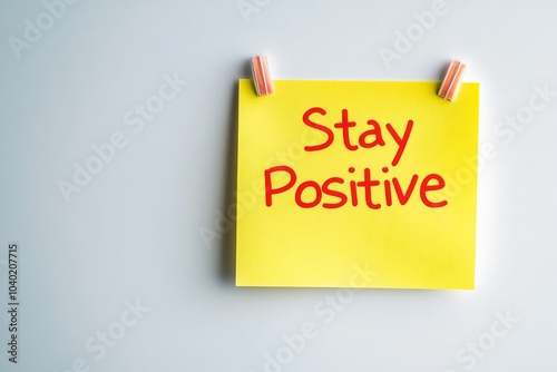 A yellow sticky note with 'Stay Positive' printed in red, held by clips, resting on a plain white surface, encourages maintaining a positive outlook. photo