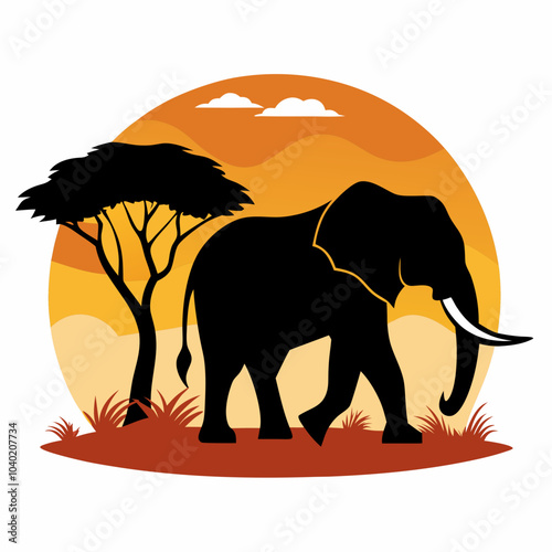 Elephant in safari silhouette vector illustration on white background