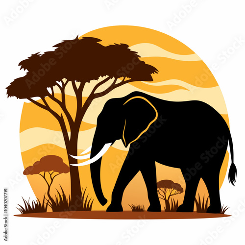 Elephant in safari silhouette vector illustration on white background