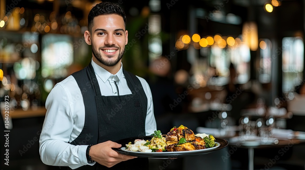 Waiter in Formal Uniform Serving Delicious Dishes Waiter in Formal Uniform Serving Delicious Dishes