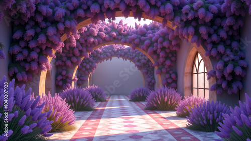 A Captivating Fantasy Scene with a Magnificent Archway Adorned with Blooming Lavender and Artistic Wallpaper Motifs