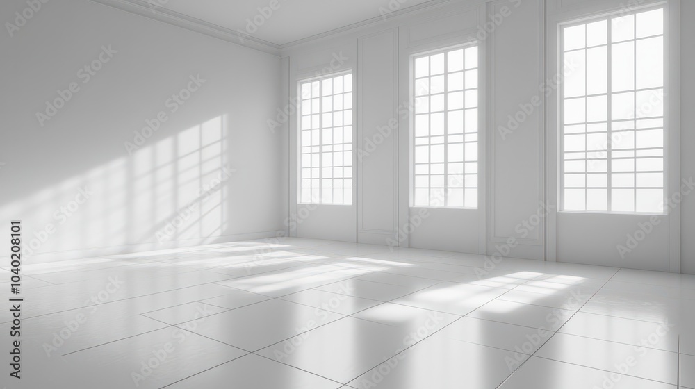 Fototapeta premium White empty studio room interior design white walls and corner tiled white empty floor background luxury empty interior for product desplay : Generative AI