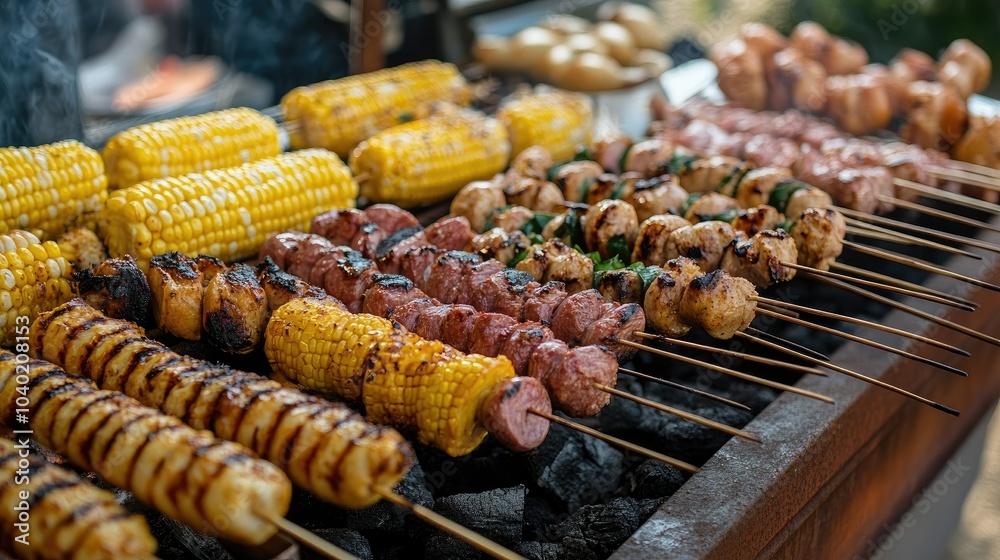 An assortment of grilled festival foods like kebabs and corn dogs, with ample room for text An assortment of grilled festival foods like kebabs and corn dogs, with ample room for text