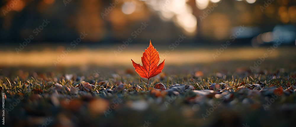 Single Red Leaf in Autumn Grass with Bokeh Background Single Red Leaf in Autumn Grass with Bokeh Background
