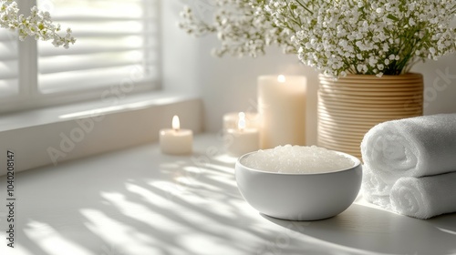 A serene spa setting with candles, flowers, towels, and a bowl of salt for relaxation.