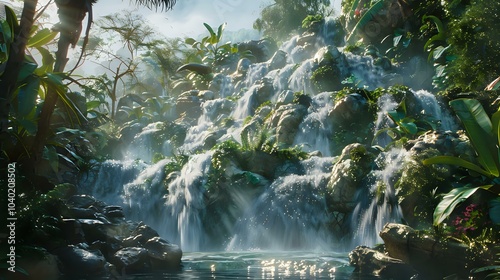 A serene waterfall cascading through lush greenery in a vibrant tropical landscape.