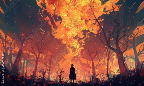 Apocalyptic Scene of Forest Fire and Silhouette Figure