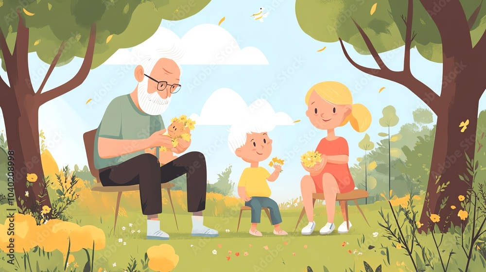 Fototapeta premium Family enjoying a sunny day in a park, sharing snacks and smiles together.