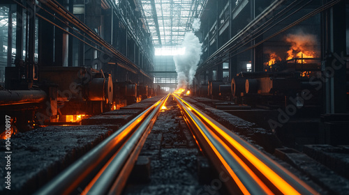 Glowing Steel Beams in Industrial Factory - Metal Production