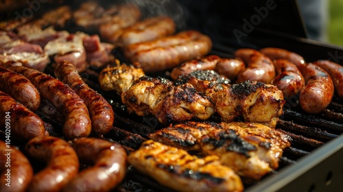 Assorted BBQ festival favorites including grilled chicken and sausages, with ample space for text