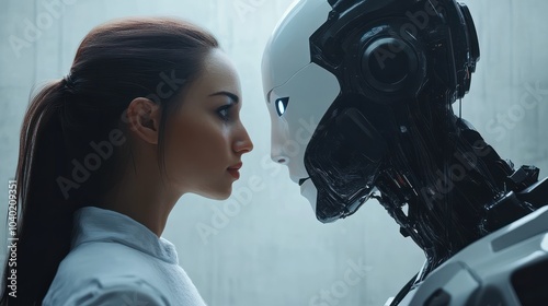 Woman opposite AI. The concept of confrontation between humanity and artificial intelligence