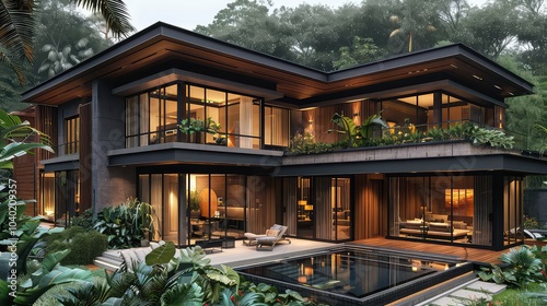 Modern cozy house with pool and parking for sale or rent in luxurious style. Black and gold colors