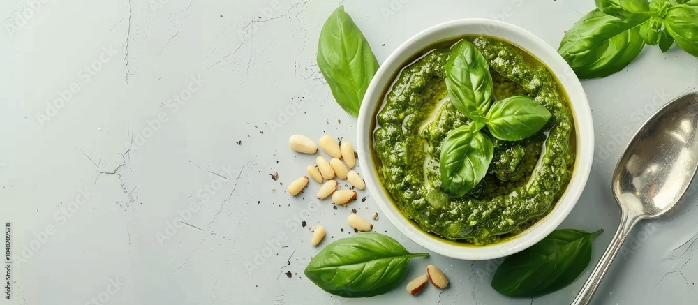 A bowl of delicious pesto sauce with basil pine nuts and a spoon on a light grey table in a flat lay composition with an available copy space image A bowl of delicious pesto sauce with basil pine nuts and a spoon on a light grey table in a flat lay composition with an available copy space image