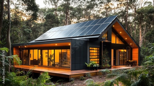 Eco-friendly modern home surrounded by lush forest in early evening light with solar panels and warm interiors