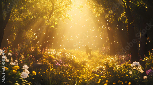 Vesper Wandering Through an Enchanted Forest Bathing in Golden Sunlight with Radiant Flowers and Gentle Animals.