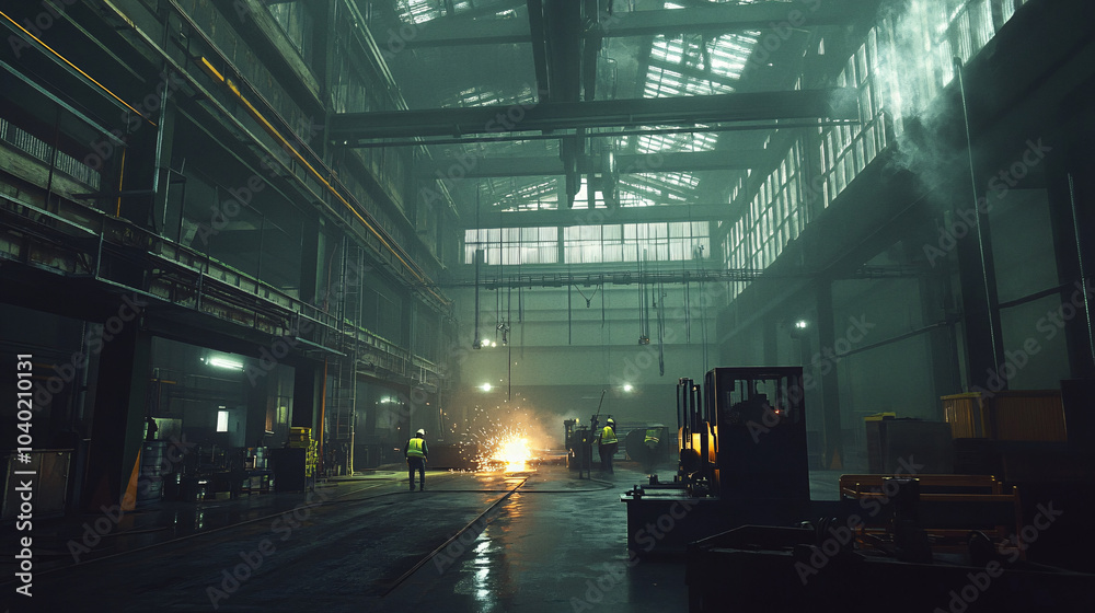 Industrial Factory Workers Welding Metal in Large Warehouse with Forklift