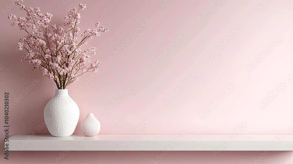 A minimalist shelf holds a delicate vase with pink flowers against a soft pink wall, creating a serene and elegant atmosphere. A minimalist shelf holds a delicate vase with pink flowers against a soft pink wall, creating a serene and elegant atmosphere.