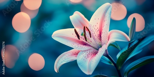 Beautiful lily flower with a bokeh background, copy space for text, banner design, blurred background, pastel colors, delicate, soft light, dreamy atmosphere
