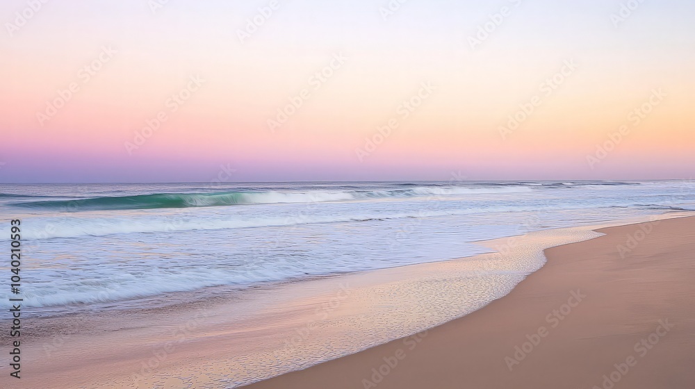 Soft pastel sunset sky over calm ocean waves gently lapping on a sandy beach. Soft pastel sunset sky over calm ocean waves gently lapping on a sandy beach.