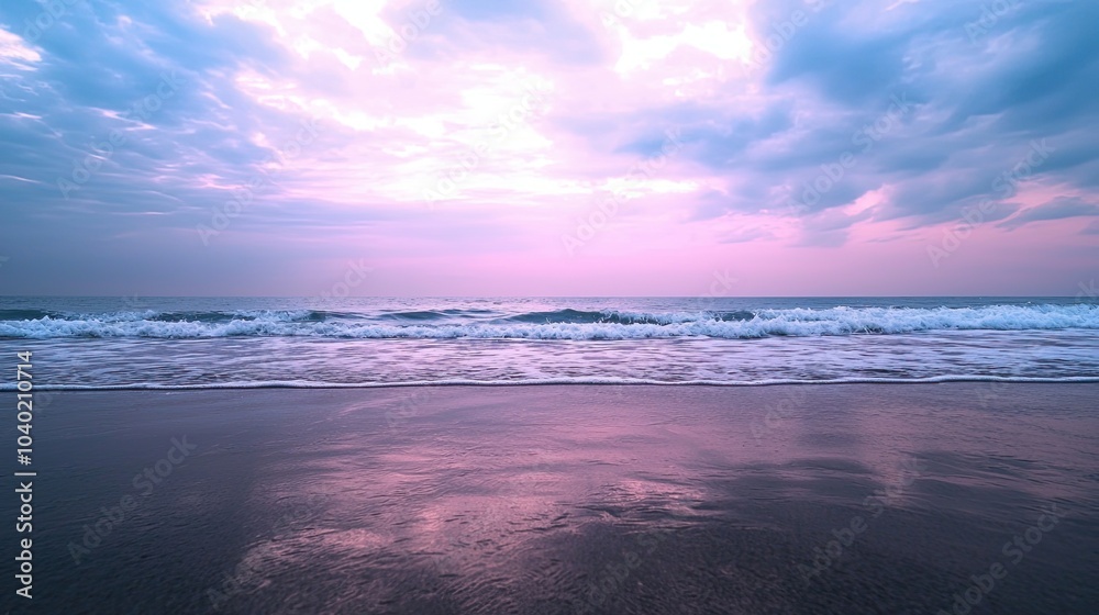 Fototapeta premium A serene ocean view at dusk, featuring gentle waves and a colorful sky, creating a tranquil atmosphere.