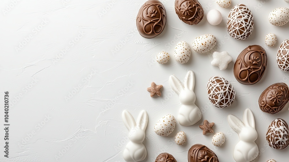 A delightful arrangement of chocolate Easter bunnies and eggs, featuring intricate designs and various colors, perfect for festive celebrations. A delightful arrangement of chocolate Easter bunnies and eggs, featuring intricate designs and various colors, perfect for festive celebrations.